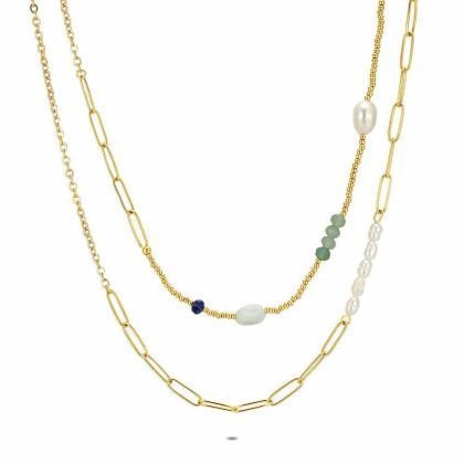 Colliers | Collier en Acier Poli Couleur Or, Perles et Pierres Multi – Femmes Bijoux Colliers