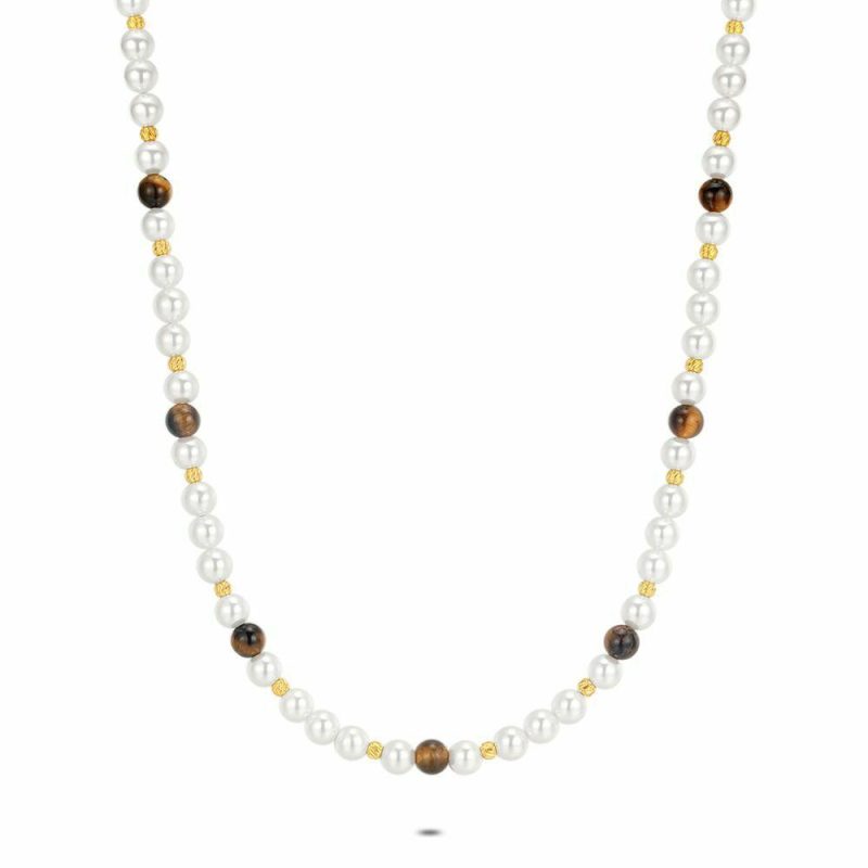 Colliers | Collier en Acier Poli Couleur Or, Perles et Tiger Eye Multi – Femmes Bijoux Colliers