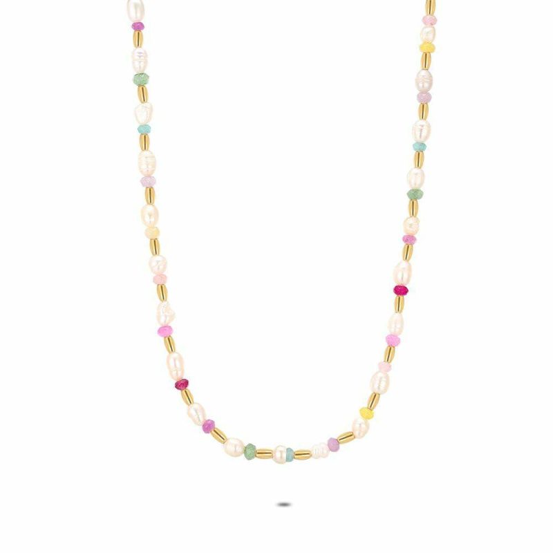 Colliers | Collier en Acier Poli Couleur Or, Perles Multi – Femmes Bijoux Colliers