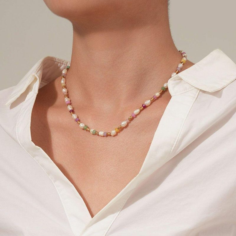 Colliers | Collier en Acier Poli Couleur Or, Perles Multi – Femmes Bijoux Colliers