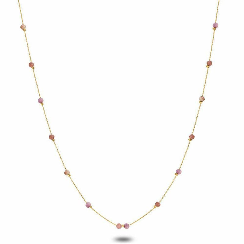 Colliers | Collier en Acier Poli Couleur Or, Pierres Roses Rose – Femmes Bijoux Colliers