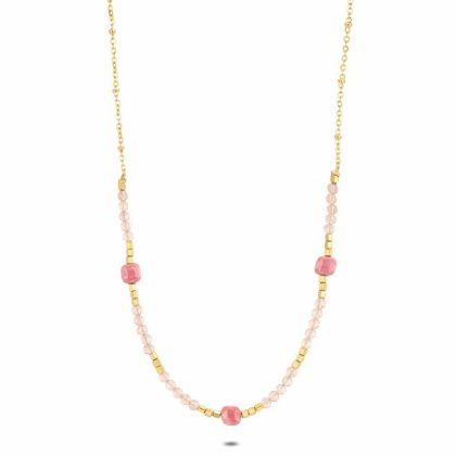 Colliers | Collier en Acier Poli Couleur Or, Pierres Roses Rose – Femmes Bijoux Colliers