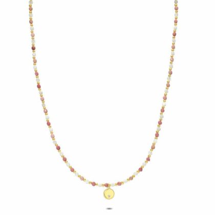 Colliers | Collier en Acier Poli Couleur Or, Pierres Semi-Précieuses Rose – Femmes Bijoux Colliers