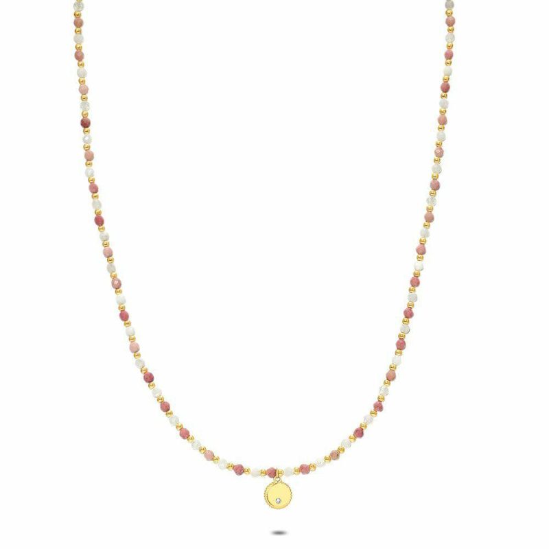 Colliers | Collier en Acier Poli Couleur Or, Pierres Semi-Précieuses Rose – Femmes Bijoux Colliers