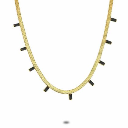 Colliers | Collier en Acier Poli Couleur Or, Serpent Plat, 9 Pierres Rectangulaires en Zircone Noir Noir – Femmes Bijoux Colliers