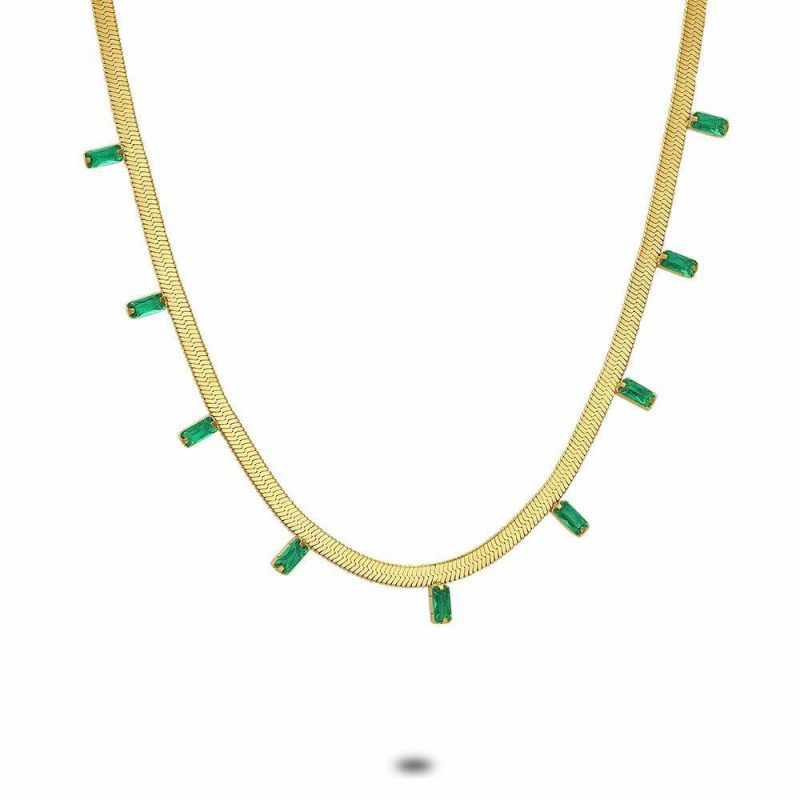 Colliers | Collier en Acier Poli Couleur Or, Serpent Plat, 9 Pierres Rectangulaires en Zircone Vert Vert – Femmes Bijoux Colliers