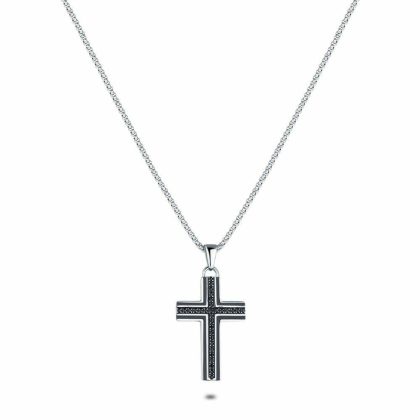 Colliers | Collier en Acier Poli, Croix en Acier et Cristaux Noirs Zilverkleur – Hommes Bijoux Colliers