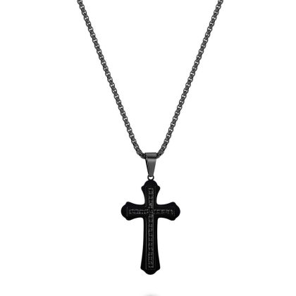 Colliers | Collier en Acier Poli, Croix Noir Avec Cristaux Noirs Noir – Hommes Bijoux Colliers