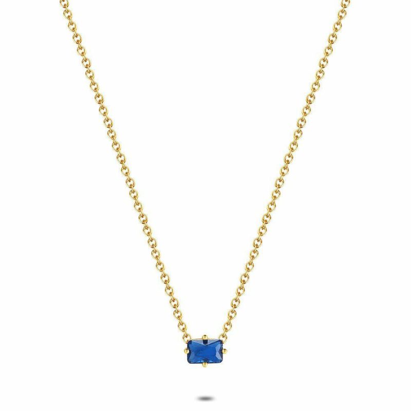 Colliers | Collier en Acier Poli de Couleur Or, 1 Zircone Bleu Rectangulaire Bleu – Femmes Bijoux Bleu