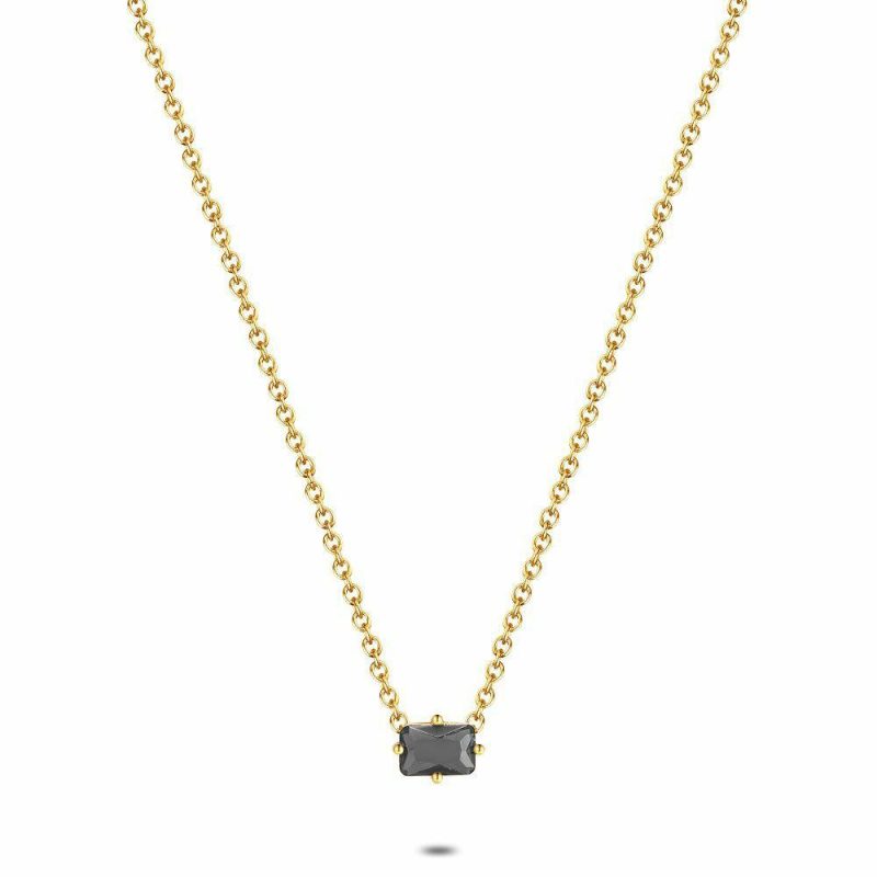 Colliers | Collier en Acier Poli de Couleur Or, 1 Zircone Noir Rectangulaire Noir – Femmes Bijoux Colliers