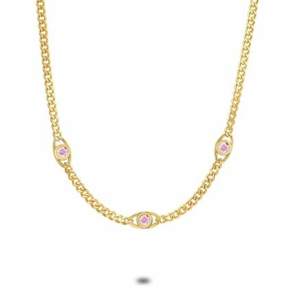 Colliers | Collier en Acier Poli Doré, Gourmet + 3 Yeux, Zircone Rose Rose – Femmes Bijoux Colliers