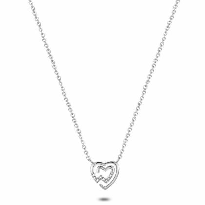 Colliers | Collier en Acier Poli, Double Coeur, Petites Pierres Zilverkleur – Femmes Bijoux Colliers