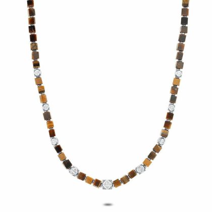 Colliers | Collier en Acier Poli, Pierres Carrées Brunes en Œil de Tigre Brun – Hommes Bijoux Brun