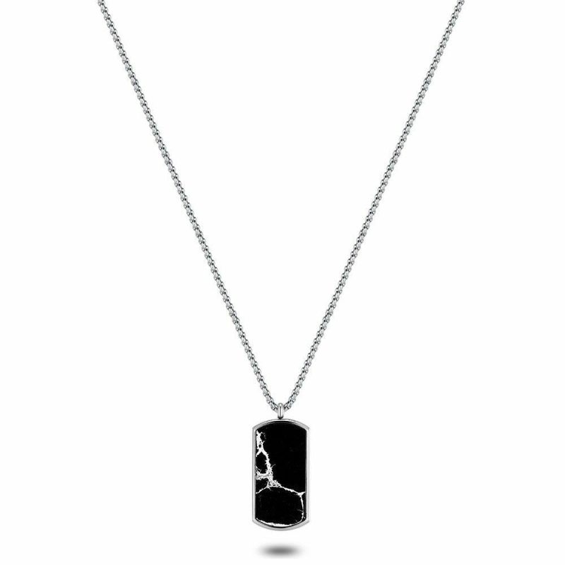 Colliers | Collier en Acier Poli, Plaque de Marbre, Couleur Noire Noir et blanc – Hommes Bijoux Colliers