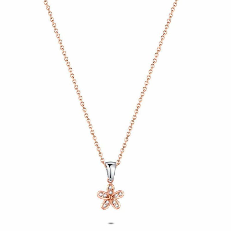 Colliers | Collier en Acier Poli Rosé, Fleur, Pierres – Femmes Bijoux Colliers