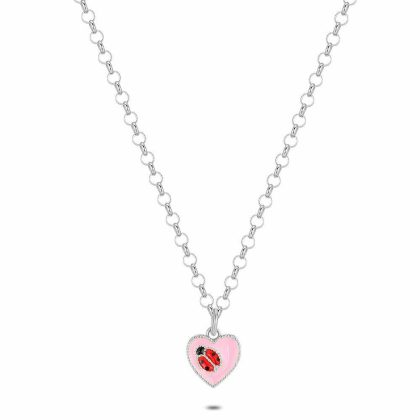 Colliers | Collier en Argent, Cœur Rose Avec Une Coccinelle Multi – Enfants Bijoux Colliers