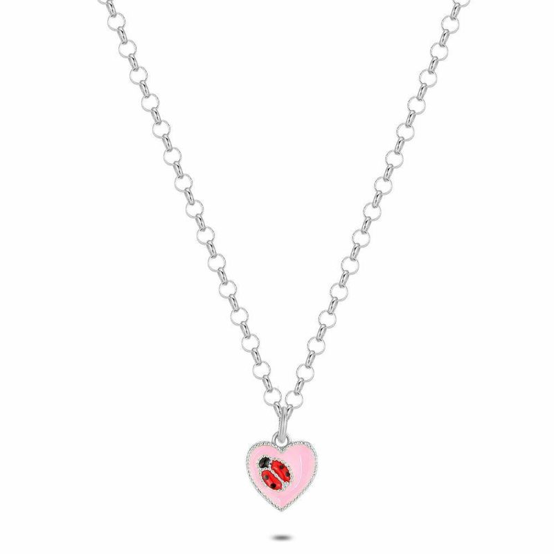 Colliers | Collier en Argent, Cœur Rose Avec Une Coccinelle Multi – Enfants Bijoux Colliers