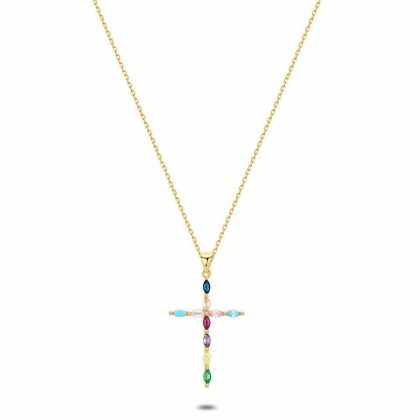 Colliers | Collier en Argent Plaqué Or 18Ct, Croix, Zircons Multicolores Multi – Femmes Bijoux Colliers