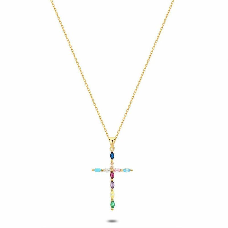 Colliers | Collier en Argent Plaqué Or 18Ct, Croix, Zircons Multicolores Multi – Femmes Bijoux Colliers