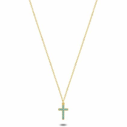 Colliers | Collier en Argent Plaqué Or 18Ct, Croix, Zircons Turquoise Turquoise – Femmes Bijoux Colliers