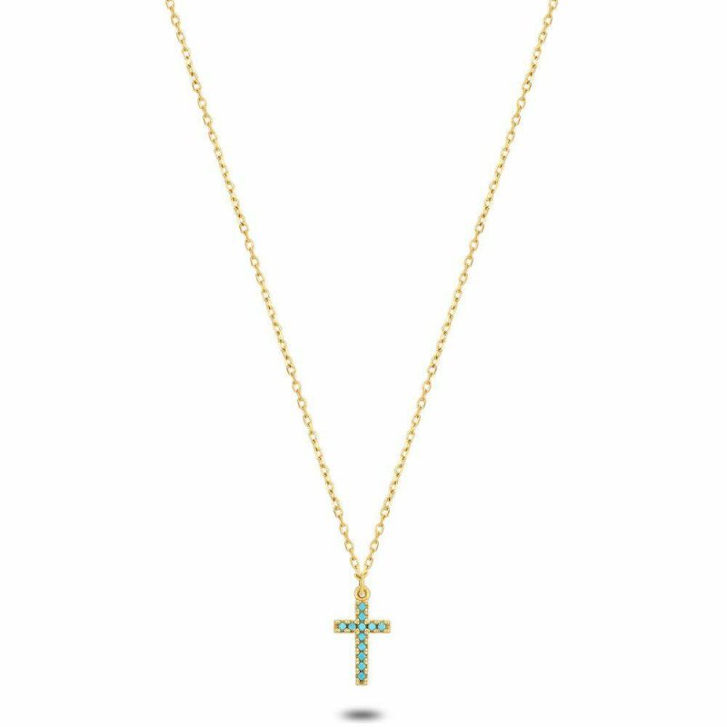 Colliers | Collier en Argent Plaqué Or 18Ct, Croix, Zircons Turquoise Turquoise – Femmes Bijoux Colliers