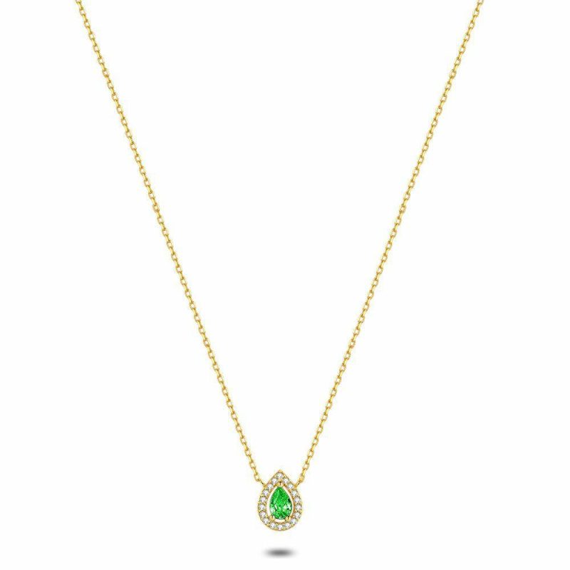 Colliers | Collier en Argent Plaqué Or 18Ct, Goutte, Zircons de Couleur Verte et Blanc Vert – Femmes Bijoux Colliers