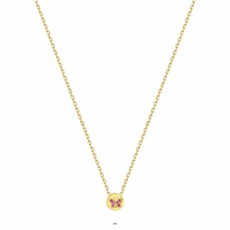 Colliers | Collier en Argent Plaqué Or 18Ct, Papillon Fuchsia Rose – Femmes Bijoux Colliers