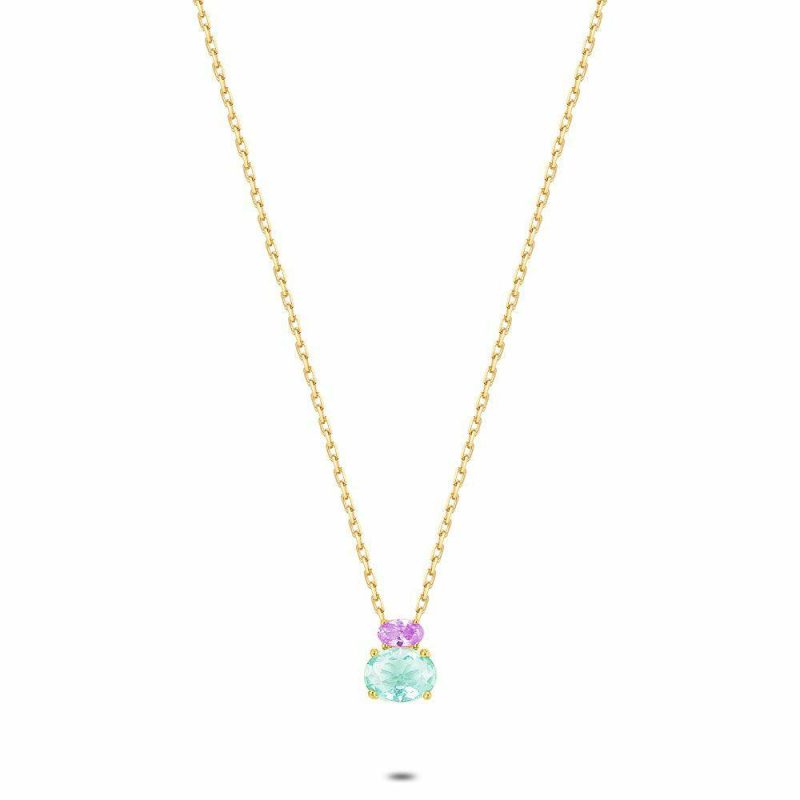 Colliers | Collier en Argent Plaqué Or 18Ct, Pierre Rose et Bleue Multi – Femmes Bijoux Colliers