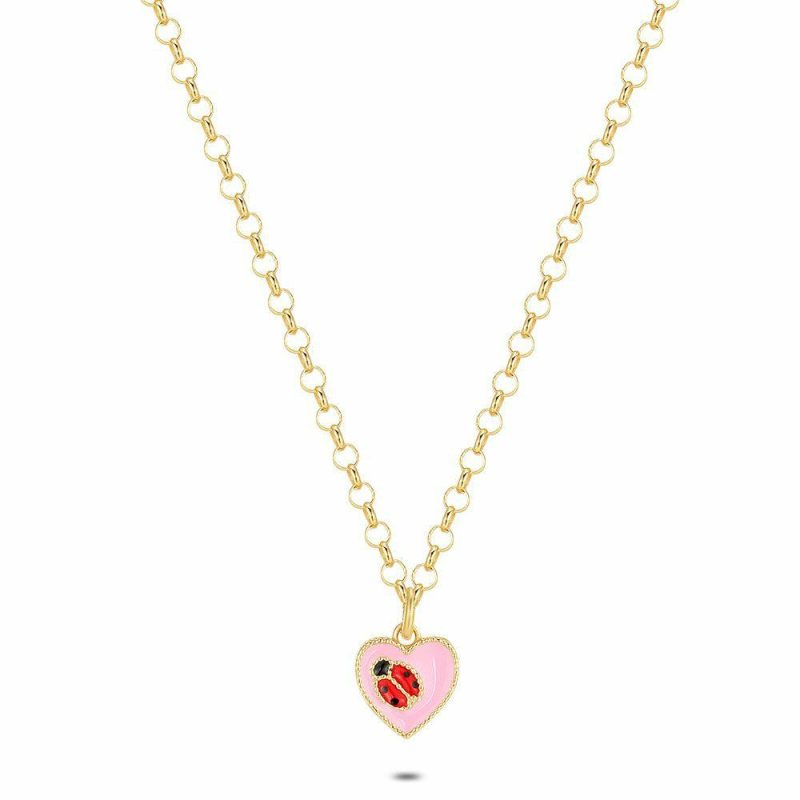 Colliers | Collier en Argent, Ton Or, Cœur Rose Avec Une Coccinelle Multi – Enfants Bijoux Colliers