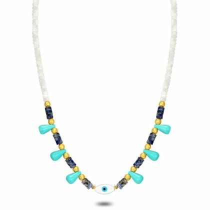 Colliers | Collier Haute Fantaisie, Pierres Blanches, Gouttes Turquoise, Oeil Bleu – Femmes Bijoux Bleu