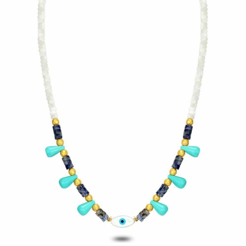 Colliers | Collier Haute Fantaisie, Pierres Blanches, Gouttes Turquoise, Oeil Bleu – Femmes Bijoux Bleu