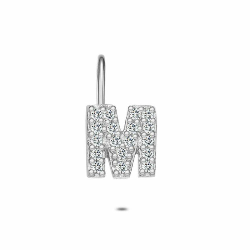 Pendentifs | Pendentif en Argent, Lettre M Avec Pierres Blanc – Femmes Bijoux Blanc