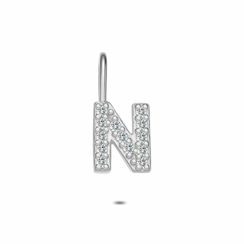 Pendentifs | Pendentif en Argent, Lettre N Avec Pierres Blanc – Femmes Bijoux Blanc