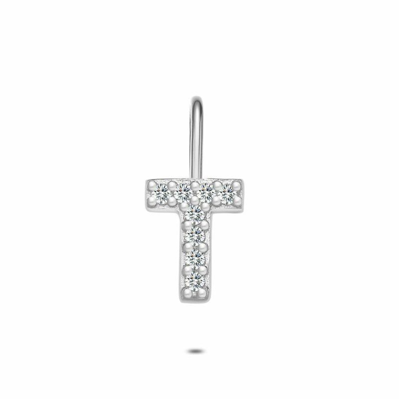 Pendentifs | Pendentif en Argent, Lettre T Avec Pierres Blanc – Femmes Bijoux Blanc