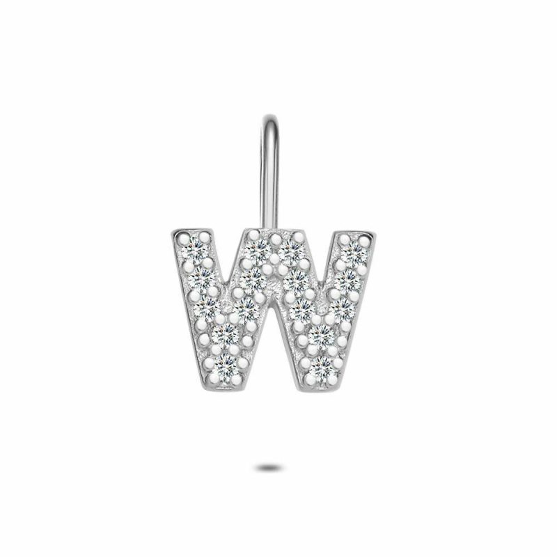 Pendentifs | Pendentif en Argent, Lettre W Avec Pierres Blanc – Femmes Bijoux Blanc