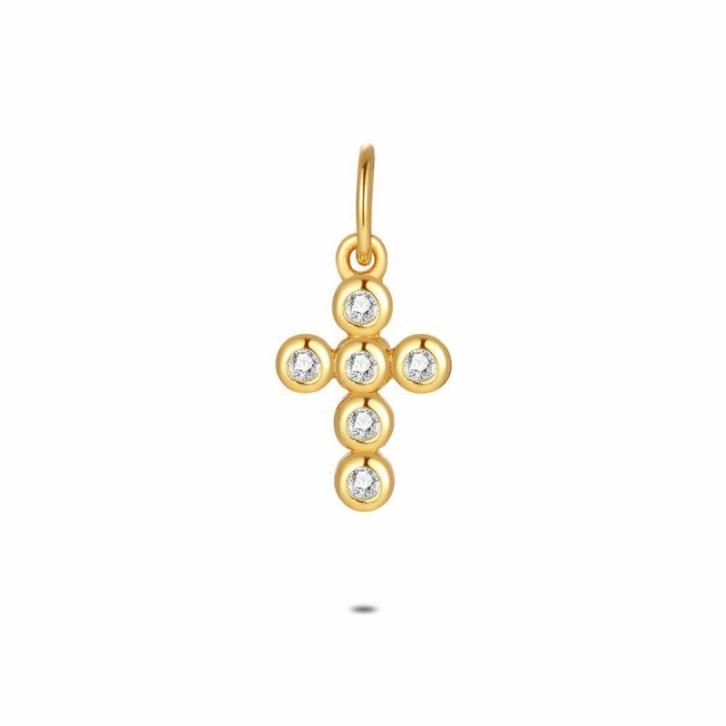 Pendentifs | Pendentif en Argent Plaqué Or 18Ct, Croix, Pierres Blanc – Femmes Bijoux Blanc