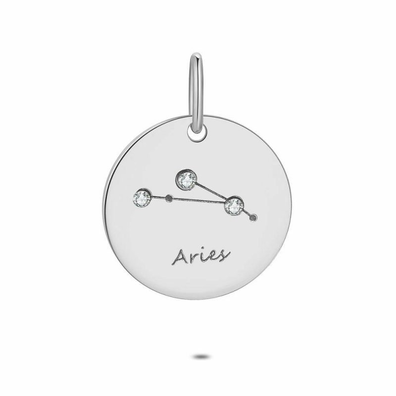 Pendentifs | Pendentif en Argent, Rond Avec Horoscope, Bélier Blanc – Femmes Bijoux Blanc