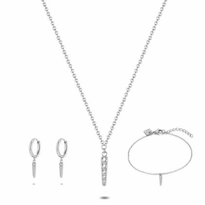 Sets | Set Collier, Bracelet et Boucles D’Oreilles en Acier Poli, Barre Avec 5 Zircones Blanc – Femmes Bijoux Blanc