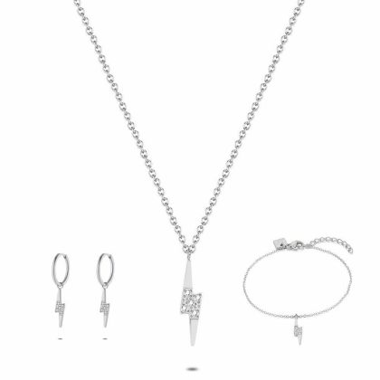 Sets | Set Collier Bracelet et Boucles D’Oreilles en Acier Poli, Éclair Avec 5 Zircones Blancs Blanc – Femmes Bijoux Blanc