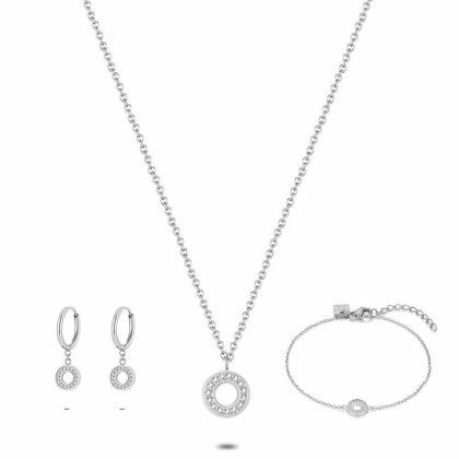 Sets | Set Collier Bracelet et Boucles D’Oreilles en Acier Poli, Cercle Avec Zircones Blanc – Femmes Bijoux Blanc