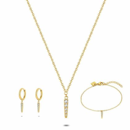 Sets | Set Collier Bracelet et Boucles D’Oreilles en Acier Poli de Couleur Or, Barrette Avec 5 Zircones Blanc – Femmes Bijoux Blanc