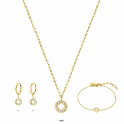 Sets | Set Collier, Bracelet et Boucles D’Oreilles en Acier Poli Doré, Cercle Avec Zircones Blanc – Femmes Bijoux Blanc