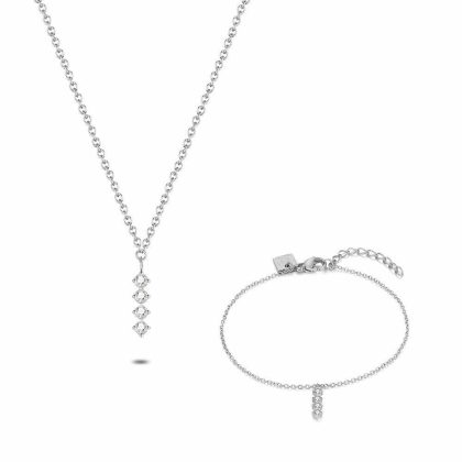 Sets | Set Collier et Bracelet en Acier Poli, Barrette Avec 4 Zircones Blancs Blanc – Femmes Bijoux Blanc