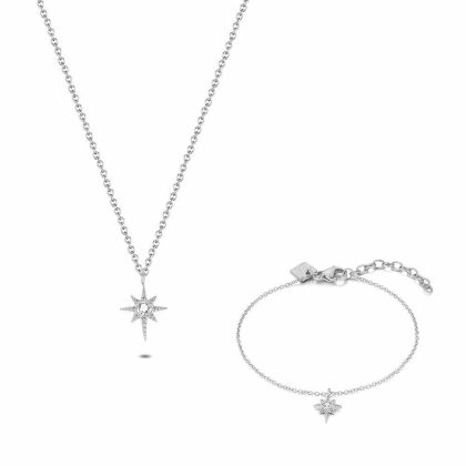 Sets | Set Collier et Bracelet en Acier Poli, Étoile Avec Zircone Blanc – Femmes Bijoux Blanc