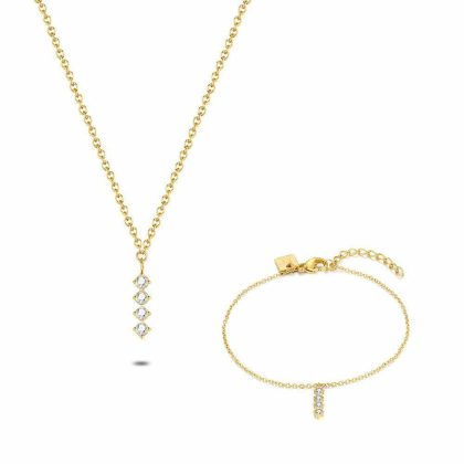 Sets | Set Collier et Bracelet en Acier Poli Doré, Barrette 4 Pendentifs en Zircones Blancs Blanc – Femmes Bijoux Blanc