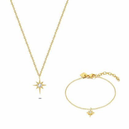 Sets | Set Collier et Bracelet en Acier Poli Doré, Étoile Avec Zircone Blanc – Femmes Bijoux Blanc