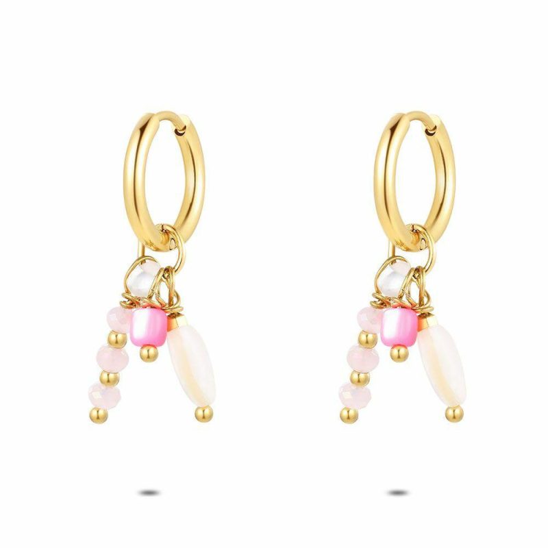 Boucles D’oreilles | Boucles D’Oreilles en Acier Poli Couleur Or, Blanc et Rose Rose – Femmes Bijoux Boucles D'oreilles