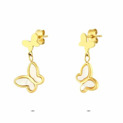 Boucles D’oreilles | Boucles D’Oreilles en Acier Poli Couleur Or, Papillons Blanc – Femmes Bijoux Blanc