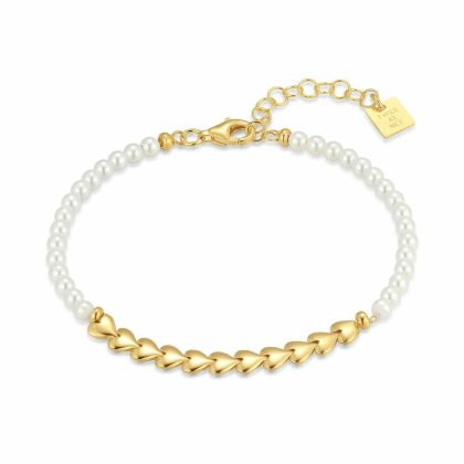 Bracelets | Bracelet en Argent Plaqué Or 18Ct, Coeurs et Perles Blanc – Femmes Bijoux Blanc