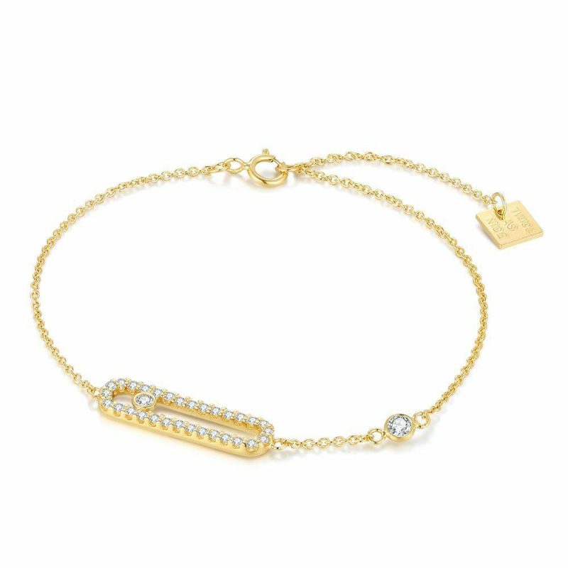 Bracelets | Bracelet en Argent Plaqué Or 18Ct, Ovale, Pierres Blanc – Femmes Bijoux Blanc